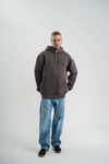 Erkek Nakış İşlemeli Kapşonlu Antrasit Sweatshirt Üç İplik Double Oversize- Füme