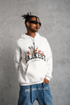 Erkek Oversize Kapüşonlu Sweatshirt – Beyaz Renk Üç İplik İçi Pamuklu Kanguru Cepli Baskılı Hoodie Rahat Kalıp Kışlık Günlük Kombinlere Uygun - Beyaz