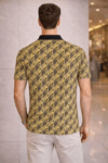 Erkek Pike Kumaş Polo Yaka Palmiye Desenli Tişört Kısa Kol Yazlık T-shirt - Sarı