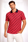 Erkek Pike Kumaş Polo Yaka Palmiye Desenli Tişört Kısa Kol Yazlık T-shirt - Kırmızı