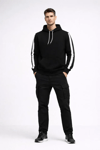 Erkek Şeritli Kapüşonlu Sweatshirt Oversize 3 Iplik Pamuklu - Siyah