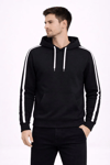 Erkek Şeritli Kapüşonlu Sweatshirt Oversize 3 Iplik Pamuklu - Siyah