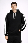 Erkek Şeritli Kapüşonlu Sweatshirt Oversize 3 Iplik Pamuklu - Siyah