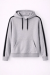 Erkek Şeritli Kapüşonlu Sweatshirt Oversize 3 Iplik Pamuklu - Gri