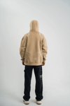 Erkek Şimşek Baskılı Kapşonlu Sweatshirt Üç İplik Pamuklu Kanguru Cepli Double Oversize Hoodie - Bej