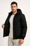 Erkek Şişme Kapüşonlu Fermuarlı Mont Su Itici Kapitone Astarlı Kumaş Cepli Kışlık Rahat Kalıp - Siyah