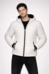 Erkek Şişme Kapüşonlu Fermuarlı Mont Su Itici Kapitone Astarlı Kumaş Cepli Kışlık Rahat Kalıp - Krem