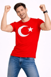 Erkek T-shirt Kısa Kol Bisiklet Yaka Ay Yıldız Bayrak Baskılı Tişört - Kırmızı