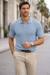Erkek Triko Kumaş Yakalı Düğmesiz Açık Yaka Fitilli Kısa Kollu Regular Fit Tişört T-shirt - Bebek Mavisi