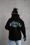 Erkek Üç İplik İçi Pamuklu Alev Baskılı Kapüşonlu Sweatshirt - Siyah