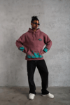 Erkek Üç İplik Içi Pamuklu Alev Baskılı Kapüşonlu Sweatshirt - Gül Kurusu