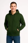 Erkek Üç İplik Kapüşonlu Tam Fermuarlı Kanguru Çepli Sweatshirt Hoodie - Haki
