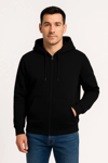 Erkek Üç İplik Kapüşonlu Tam Fermuarlı Kanguru Çepli Sweatshirt Hoodie - Siyah
