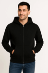Erkek Üç İplik Kapüşonlu Tam Fermuarlı Kanguru Çepli Sweatshirt Hoodie - Siyah