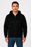 Erkek Üç İplik Kapüşonlu Tam Fermuarlı Kanguru Çepli Sweatshirt Hoodie - Siyah