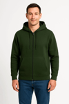 Erkek Üç İplik Kapüşonlu Tam Fermuarlı Kanguru Çepli Sweatshirt Hoodie - Haki