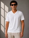 Erkek V Yaka Basic Tişört Kısa Kol Yazlık Regular Fit T-shirt - Beyaz