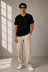 Erkek V Yaka Basic Tişört Kısa Kol Yazlık Regular Fit T-shirt - Siyah