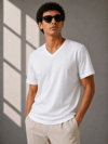 Erkek V Yaka Basic Tişört Kısa Kol Yazlık Regular Fit T-shirt - Beyaz