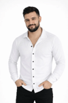 Erkek Waffle Kumaş Uzun Kollu Düğmeli Açık Yaka Regular Fit Gömlek - Beyaz