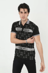 Erkek Yakalı Slim Fit Baskılı T-shirt - Siyah