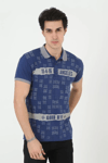 Erkek Yakalı Slim Fit Baskılı T-shirt - Mavi