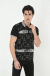 Erkek Yakalı Slim Fit Baskılı T-shirt - Siyah