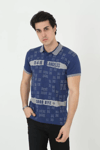 Erkek Yakalı Slim Fit Baskılı T-shirt - Mavi