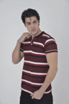 Erkek Yakalı Slim Fit Dokuma Çizgili T-shirt - Bordo
