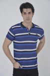 Erkek Yakalı Slim Fit Dokuma Çizgili T-shirt - Mavi