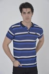 Erkek Yakalı Slim Fit Dokuma Çizgili T-shirt - Mavi