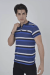 Erkek Yakalı Slim Fit Dokuma Çizgili T-shirt - Mavi