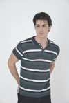 Erkek Yakalı Slim Fit Dokuma Çizgili T-shirt - Haki