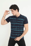Erkek Yakalı Slim Fit Pike Çizgili T-shirt - Lacivert