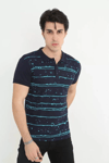 Erkek Yakalı Slim Fit Pike Çizgili T-shirt - Lacivert