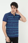 Erkek Yakalı Slim Fit Pike Çizgili T-shirt - Mavi