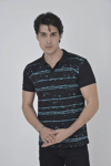 Erkek Yakalı Slim Fit Pike Çizgili T-shirt - Siyah