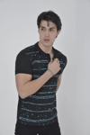 Erkek Yakalı Slim Fit Pike Çizgili T-shirt - Siyah