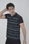 Erkek Yakalı Slim Fit Pike Çizgili T-shirt - Siyah