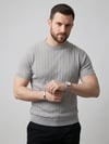 Erkek Yazlık Triko Dokuma Tişört Kısa Kol Bisiklet Yaka Örgü Desenli T-shirt - Gri