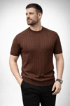 Erkek Yazlık Triko Dokuma Tişört Kısa Kol Bisiklet Yaka Örgü Desenli T-shirt - Kahverengi