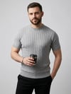 Erkek Yazlık Triko Dokuma Tişört Kısa Kol Bisiklet Yaka Örgü Desenli T-shirt - Gri