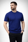 Erkek Yazlık Triko Dokuma Tişört Kısa Kol Bisiklet Yaka Örgü Desenli T-shirt - Lacivert