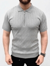Erkek Yazlık Triko Saç Örgü Tişört Kısa Kol Polo Yaka Fermuarlı T-shirt - Gri