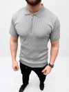 Erkek Yazlık Triko Saç Örgü Tişört Kısa Kol Polo Yaka Fermuarlı T-shirt - Gri