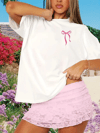 Fiyonk Baskılı Oversize Bisiklet Yaka T-shirt - Beyaz