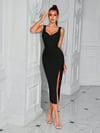 Kadın Askılı Gögüs Dekolteli Yandan Büzgülü Yırtmaçlı Midi Ithal Krep Elbise