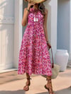 Kadın Askılı Yakası Fırfırlı Bağcıklı Desenli Uzun Süprem Elbise