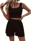 Kadın Askılı Yuvarlak Yakalı Burgu Krop Ve Bluz Short Ikili Takım