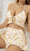Kadın Çiçekli Ekru Askılı Şortlu Pijama Takım 5017